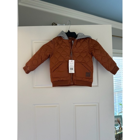F&F Fred & Flo Quilted Brown Bomber Jacket Gray Hood NWT 18-24mts - Picture 1 of 7